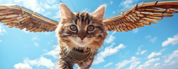 A cute ginger cat wearing vintage pilot goggles and flying in the sky with golden wings, against a blue sky background, Generative AI