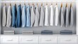© Kanin - A neat arrangement of shirts hung on a rack, complemented by neatly folded towels in a modern, minimalist storage setup.