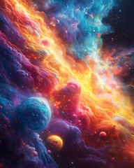 Wall Mural - abstract cosmic dance of planets amid vibrant clouds of blue, orange, and pink hues