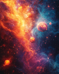 Wall Mural - swirling nebula of vibrant reds and blues, dotted with glowing orbs in a cosmic abstract landscape