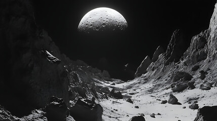 Wall Mural - view of the lunar surface, showing craters and textures in monochrome