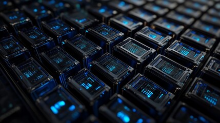 Abstract array of glowing blue data cubes.