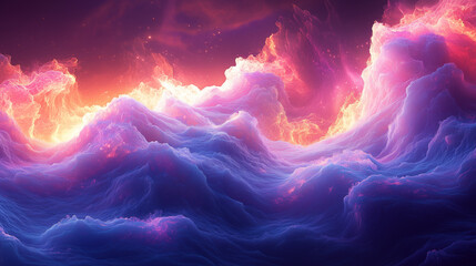 Wall Mural - dramatic abstract landscape of vibrant blue waves under a fiery red sky filled with stars