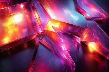 Wall Mural - crystalline abstract with sharp edges glowing in shades of pink and blue, casting reflections and bursts of light
