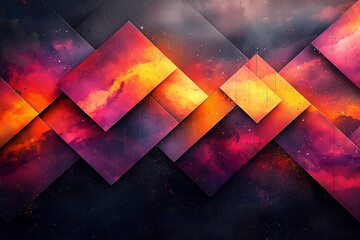 Wall Mural - diagonal geometric shapes overlaid with a vibrant display of cloudy skies, blending reds and oranges with dynamic shadows