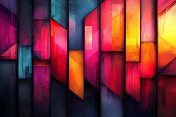 Wall Mural - complex puzzle of geometric shapes in red and blue, creating an intriguing play of light and shadow on a textured surface