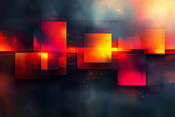Wall Mural - floating geometric blocks in red and orange hues against a dark misty background, creating a mysterious abstract scene