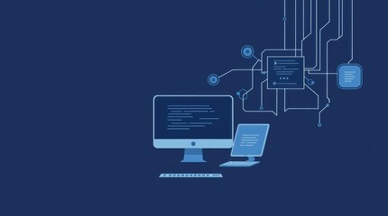 A digital illustration featuring computers and code, symbolizing technology and programming.