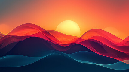 Wall Mural - sunset over ocean waves, abstract design with smooth gradients in shades of red and blue