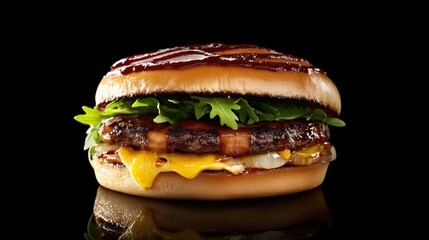 Gourmet cheeseburger with arugula and barbecue sauce on a black background