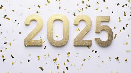 Wall Mural - Shiny Gold Glitter '2025' Numbers on White Background with Golden Confetti, Creating a Festive and Joyful Flat Lay Composition in High-Resolution Vector Illustration