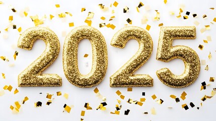 Wall Mural - Shiny Gold Glitter '2025' Numbers on White Background with Golden Confetti, Creating a Festive and Joyful Flat Lay Composition in High-Resolution Vector Illustration