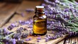 © A-Lex - Lavender essential oil bottle surrounded by fresh lavender flowers on wooden surface natural aromatherapy rustic still life tranquil home decor