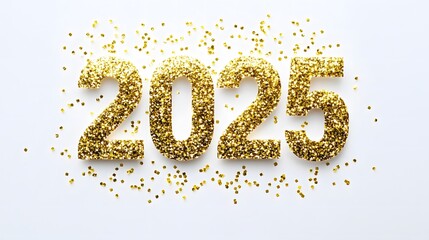 Wall Mural - Shiny Gold Glitter '2025' Numbers on White Background with Golden Confetti, Creating a Festive and Joyful Flat Lay Composition in High-Resolution Vector Illustration