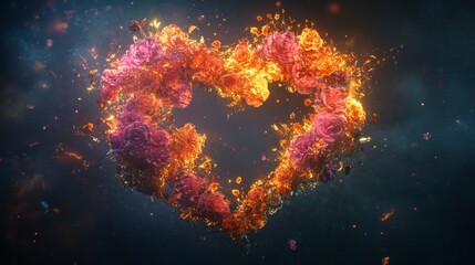 Wall Mural - Fiery floral heart, abstract romantic design.