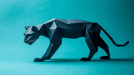 Origami panther in black on vibrant blue background, showcasing intricate design