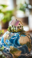 Wall Mural - A miniature house sits atop a globe, symbolizing home and global connection.