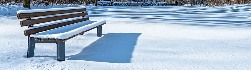 Wall Mural - winter background silence concept, a snow-covered bench sits in a serene winter landscape, casting a