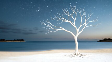 Wall Mural - Winter background silence concept, A solitary white tree stands on a sandy beach under a starry night sky, creating a serene and ethereal atmosphere by the tranquil sea.