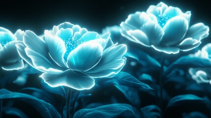 Wall Mural - Glowing blue peonies in dark.