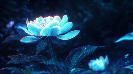 Wall Mural - Glowing blue peony flower in dark.