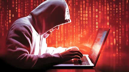 Hooded figure hunched over laptop, binary code background.