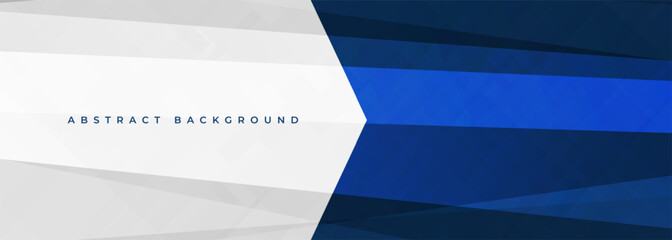 Poster - White and blue modern abstract wide banner with geometric shapes and arrow. Dark blue and white abstract background. Vector illustration
