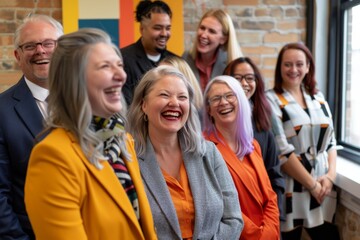 Wall Mural - Group of business people standing in a row and laughing in office.