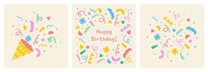 set of cute happy birthday greeting cards with party popper, colorful geometric shapes frame, confet