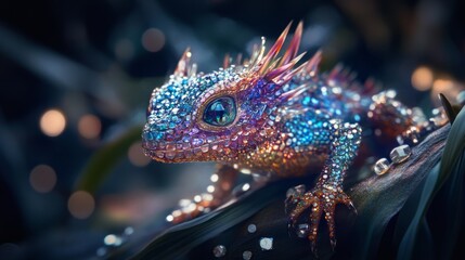 Wall Mural - Sparkling iridescent fantasy lizard on leaf.