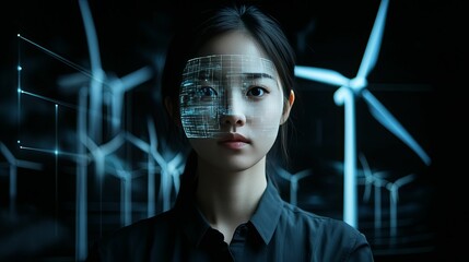 Woman With Digital Overlay Before Wind Turbines