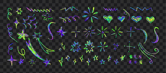 Wall Mural - set of colorful neon chalk drawing elements. shine or sparkle, hearts and stars doodle collection. c