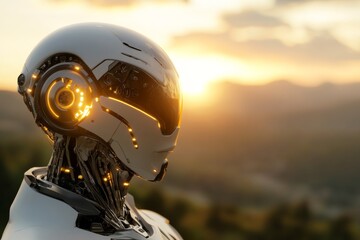 Sticker - Futuristic robot stands against sunset backdrop in a serene landscape reflecting advanced technology and design