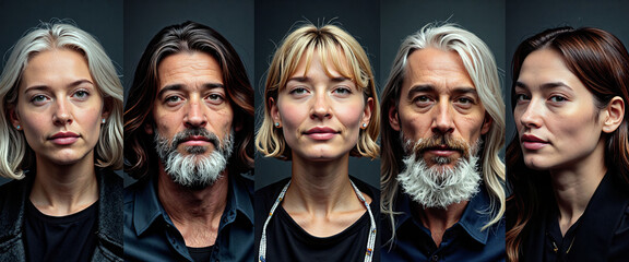 A group of people with different hair colors and facial hair. Concept of unity and diversity among the group