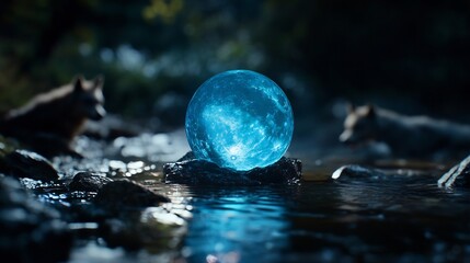 Wall Mural - Mystical blue orb rests on rocks in a stream, two wolves watch nearby.