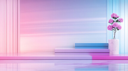 Fototapete - A modern, pastel-colored backdrop features layered platforms and a vase of pink flowers, creating a serene and stylish atmosphere