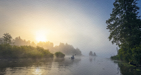 Man in a canoe is paddling down a river on a foggy day