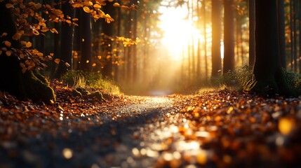 Canvas Print - Sunlit autumn path through forest with falling leaves.