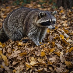 A raccoon rummaging through a pile of leaves.