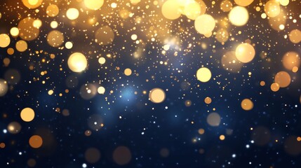 Golden bokeh lights float on dark blue background