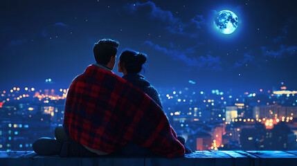 lgbtq+ couple sitting together on a rooftop at night, looking at the city lights, wrapped in a cozy 