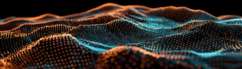 flowing array of digital particles creates mesmerizing landscape of waves, showcasing vibrant orange and blue colors that evoke sense of depth and movement