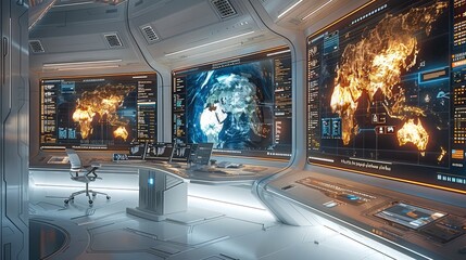 Fototapete - A futuristic office with a sleek desk and multiple computer screens displaying diverse information, including historical data, timelines of ancient civilizations, scientific discoveries.