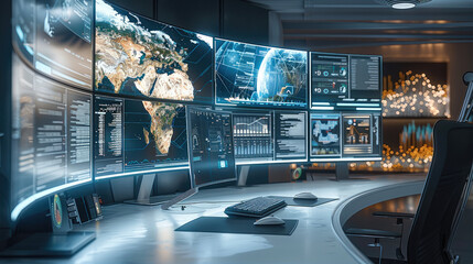 Fototapete - A futuristic office with a sleek desk and multiple computer screens displaying diverse information, including historical data, timelines of ancient civilizations, scientific discoveries.