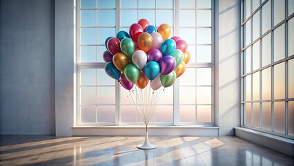 Wall Mural - A cluster of colorful balloons tied to a base sits in a sunlit room with large windows