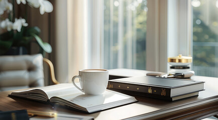Aufkleber - A luxurious, modern workspace with books, a cup of coffee, and a planner. The environment exudes productivity and success.