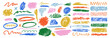 © Arina - Scribble charcoal strokes vector set with crayon or pastel texture. Charcoal pencil curly lines and squiggles, swirls and spirals. Colorful vector illustration on a white background.