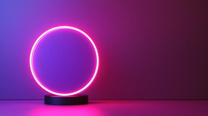 Wall Mural - a glowing neon light circle on a purple wall with a black base.