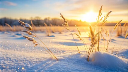 Canvas Print - Golden Hour Serenity Winter Grass in a Snowy Field at Sunset