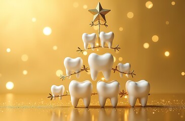 Wall Mural - A Christmas tree made of teeth on a golden background on New Year's Eve in a dental clinic. A festive medical concept.